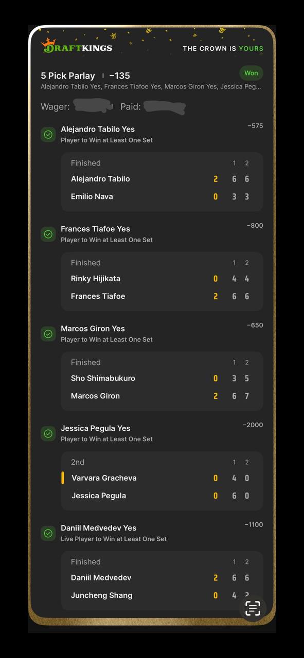 Settled DraftKings tennis parlay: five set-winners, won