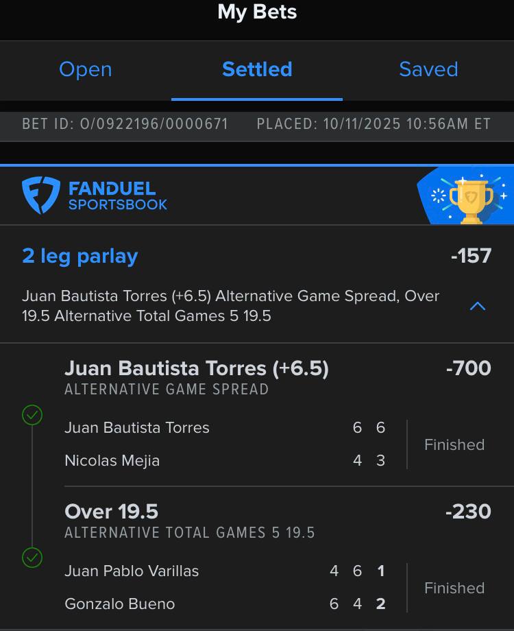 Settled tennis 2-leg: Torres +6.5 games and Over 19.5 games, won